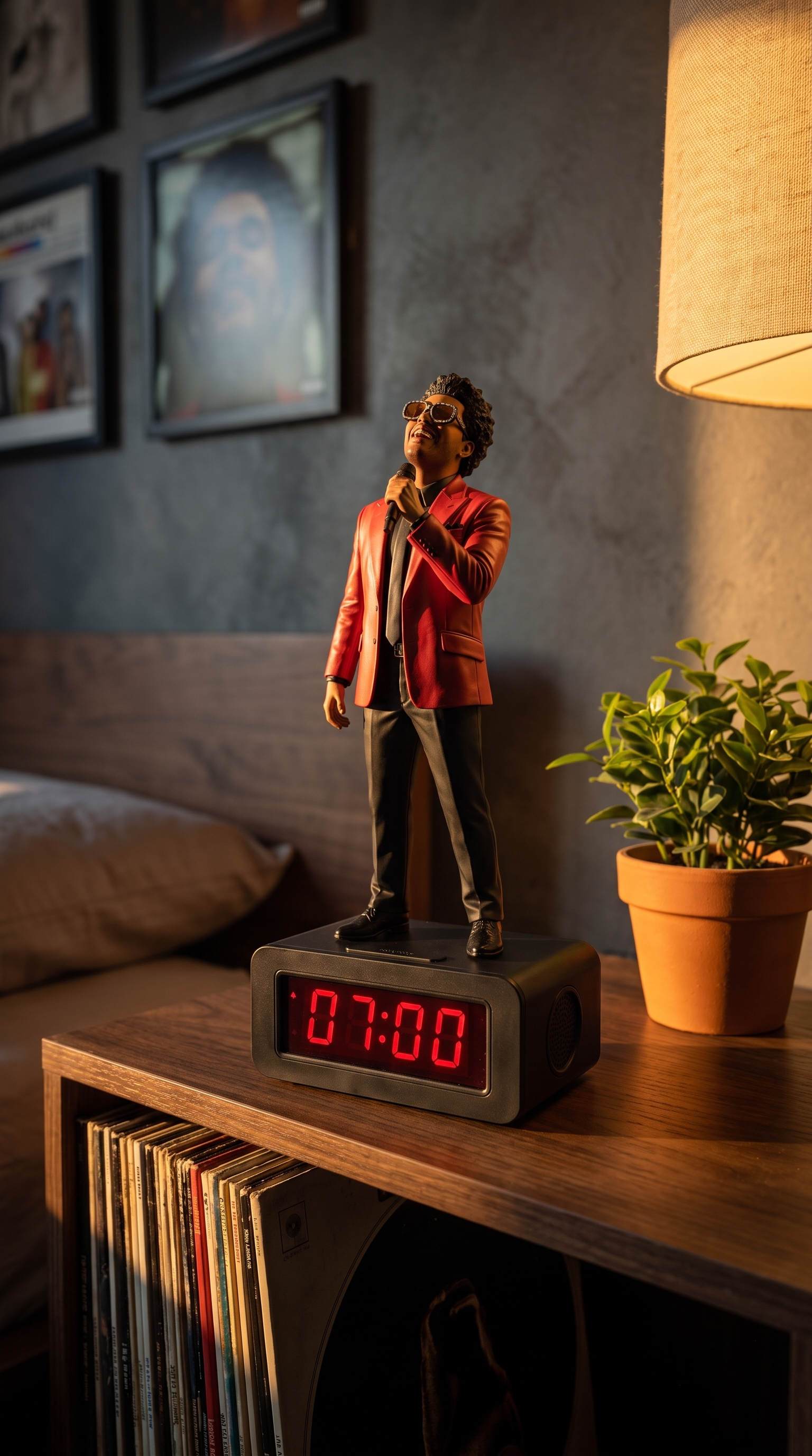 Starboy Alarm Clock on a shelf with vinyl records